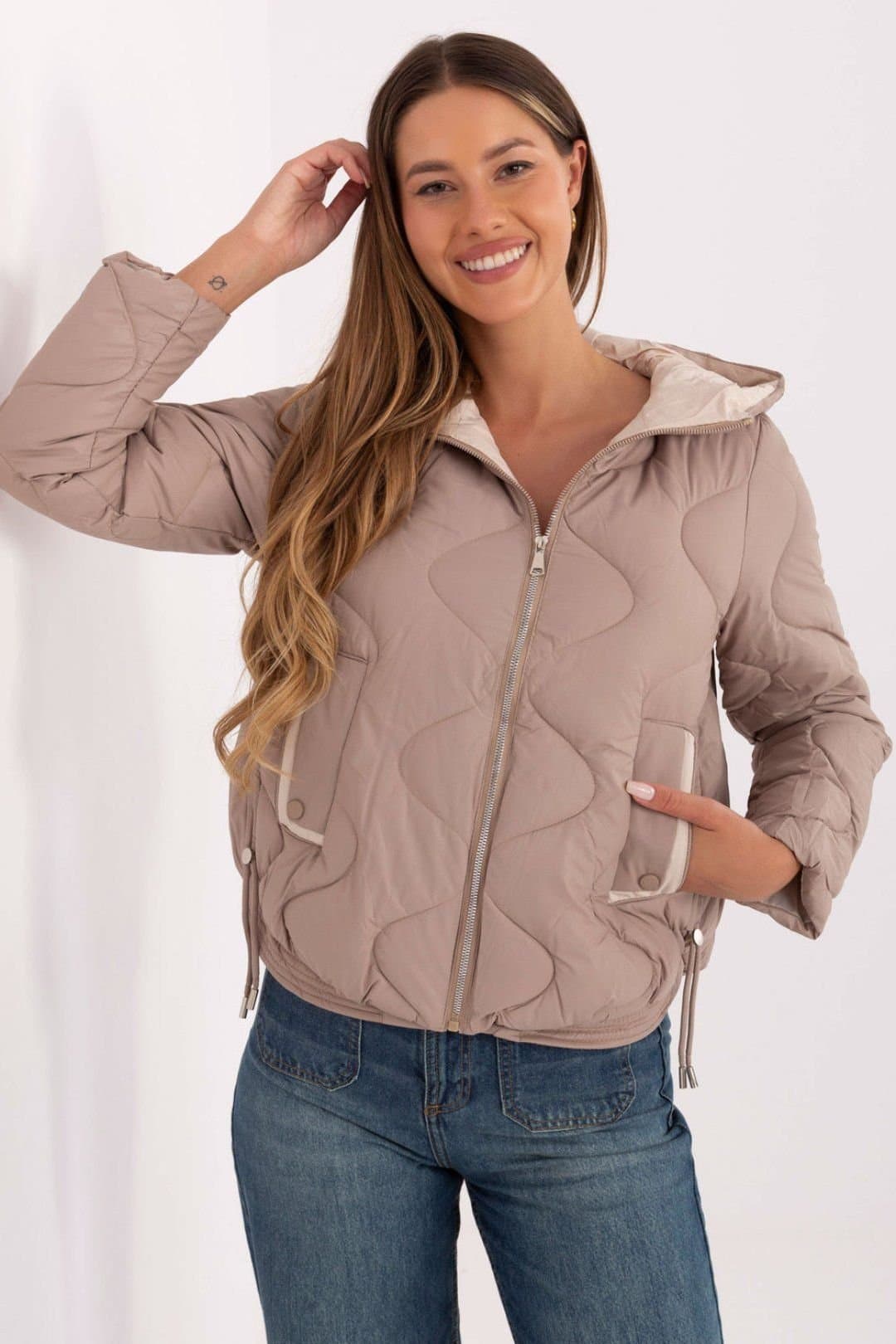 Love Lace Love Lace Women's Transitional Hooded Quilted Insulated Jacket in Taupe