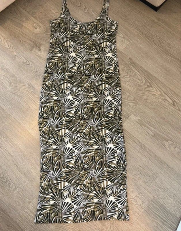 Next Next Palm Print Midi Dress Size 10 Black Beige Cream Tropical Leaf Stretch Summer Holiday