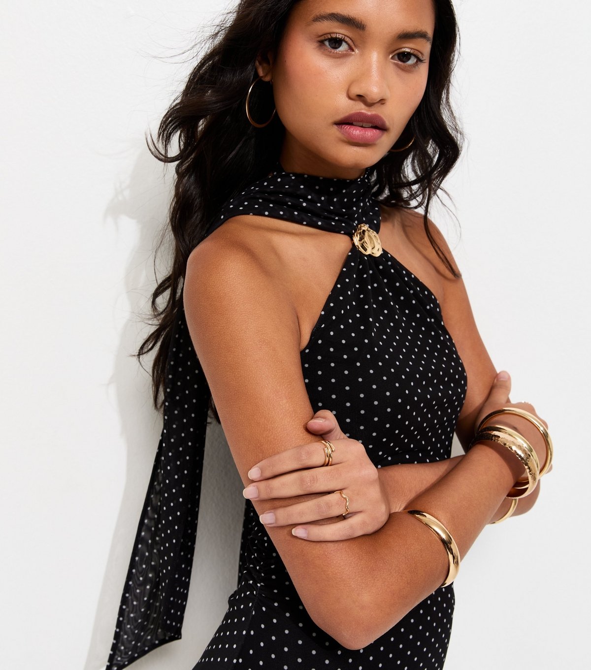 New Look Women's Black Polka Dot Halterneck Midi Dress with Scarf New Look - 2