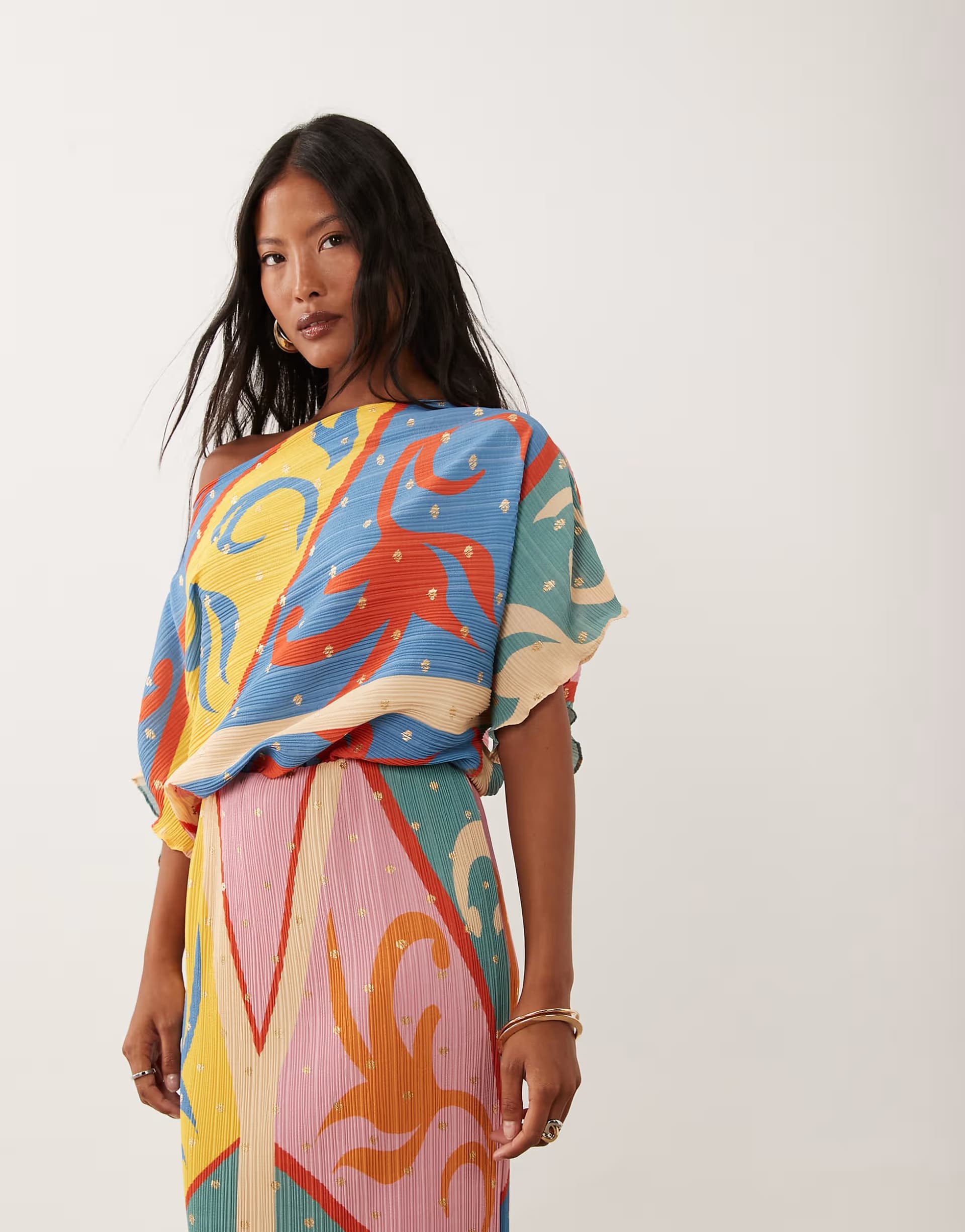 ASOS Never Fully Dressed Petite Tilly off shoulder plisse maxi dress in kaleidoscope print
