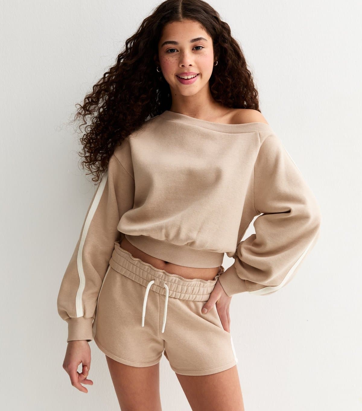 New Look Girls' Stone Off The Shoulder Side Stripe Sweatshirt New Look