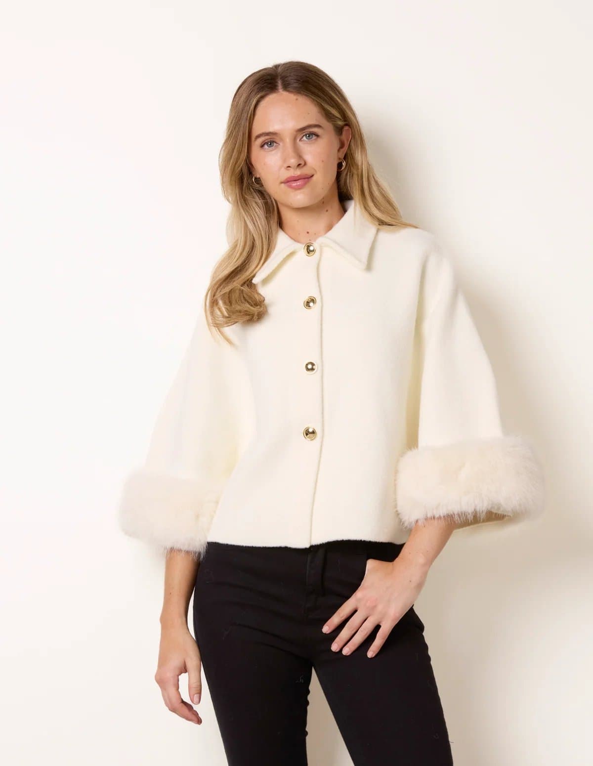 Blue Vanilla Cape Coat With Gold Button And Faux Fur Trim