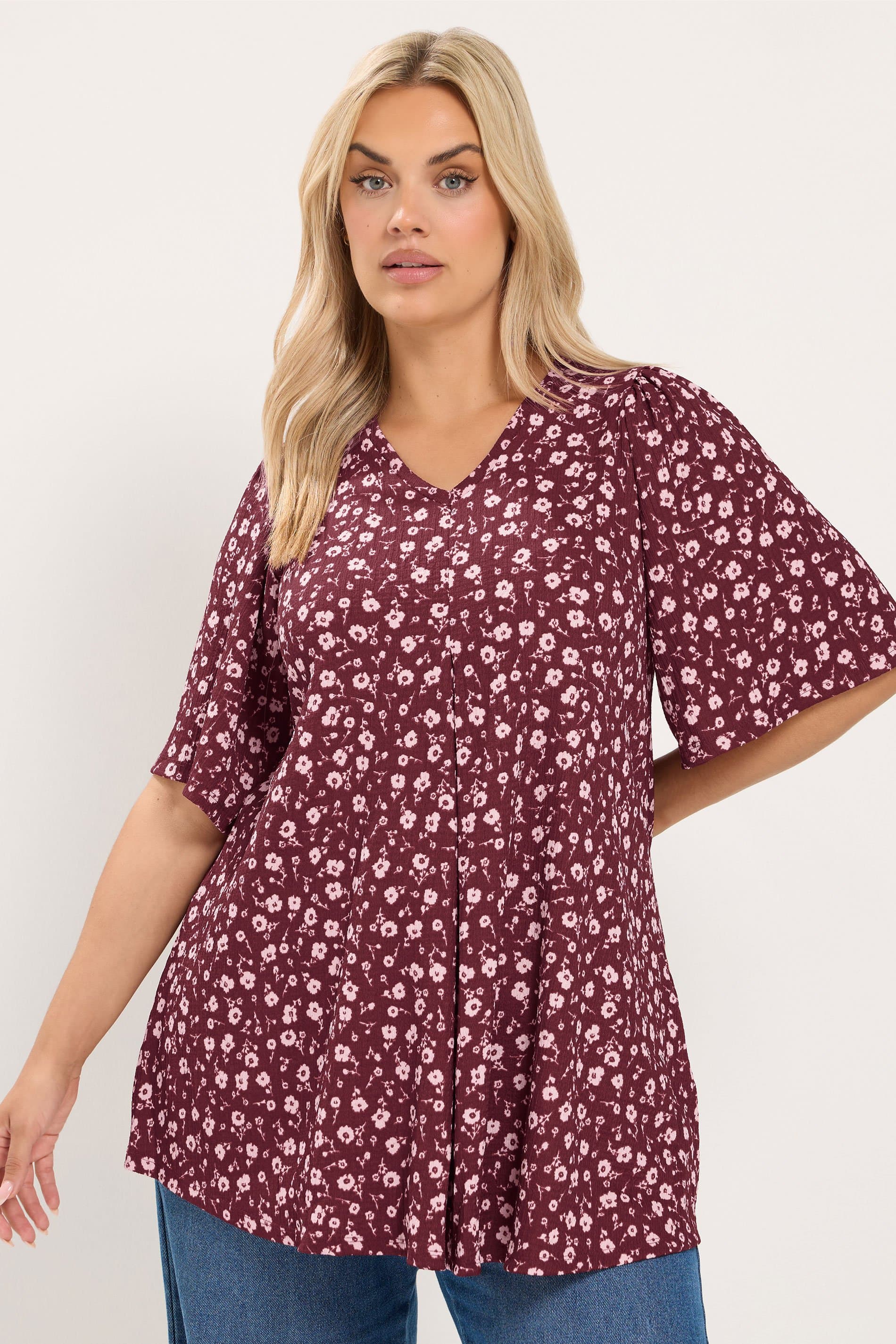 Yours Plus Size Red Floral Pleat Front Textured Top