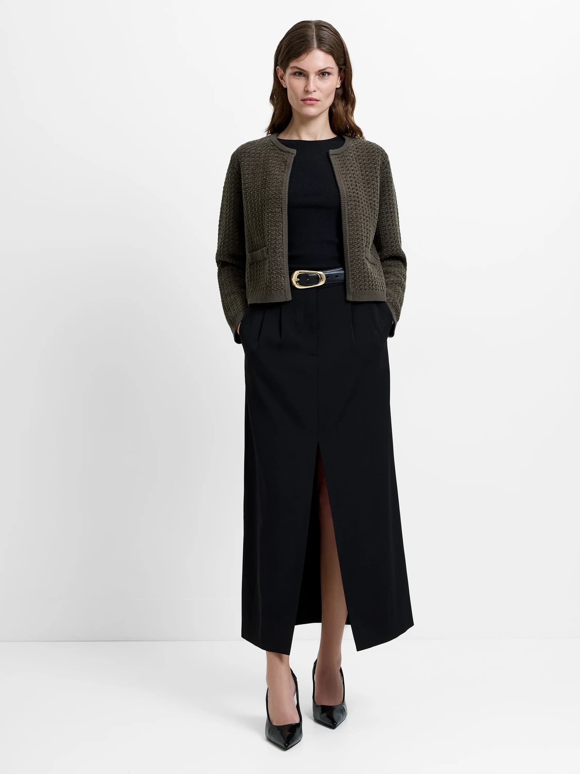 French Connection Noar Moss Stitch Knit Cardigan Vintage Khaki