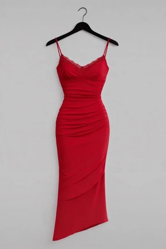 Bershka Red Lace Trim Ruched Midi Dress