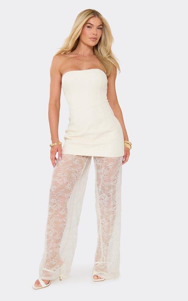 EGO Bandeau Tailored Jumpsuit In Cream Lace, Women's Size UK 6 - 2
