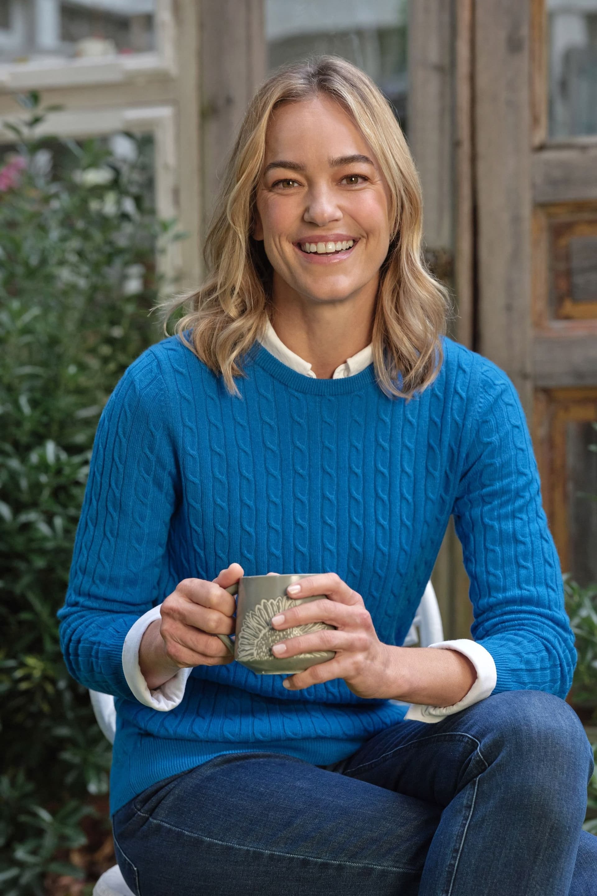 WoolOvers WoolOvers Women's Cashmere Merino Cable Crew Neck Jumper in Blue