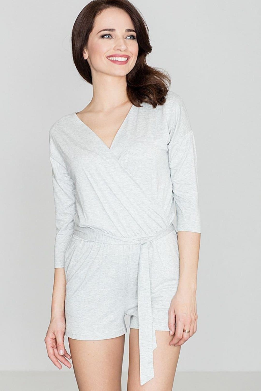 Love Lace Love Lace Women's Knit Overall Romper with Deep V & Belt in Grey