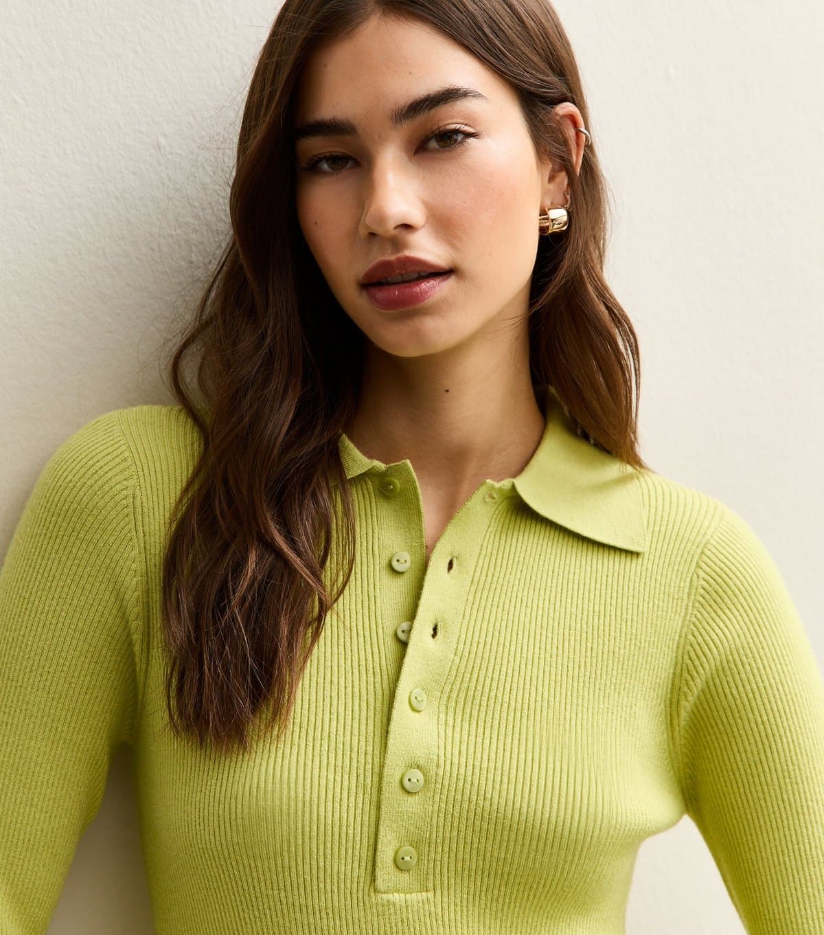 New Look Women's Green Button Front Ribbed Polo Top New Look