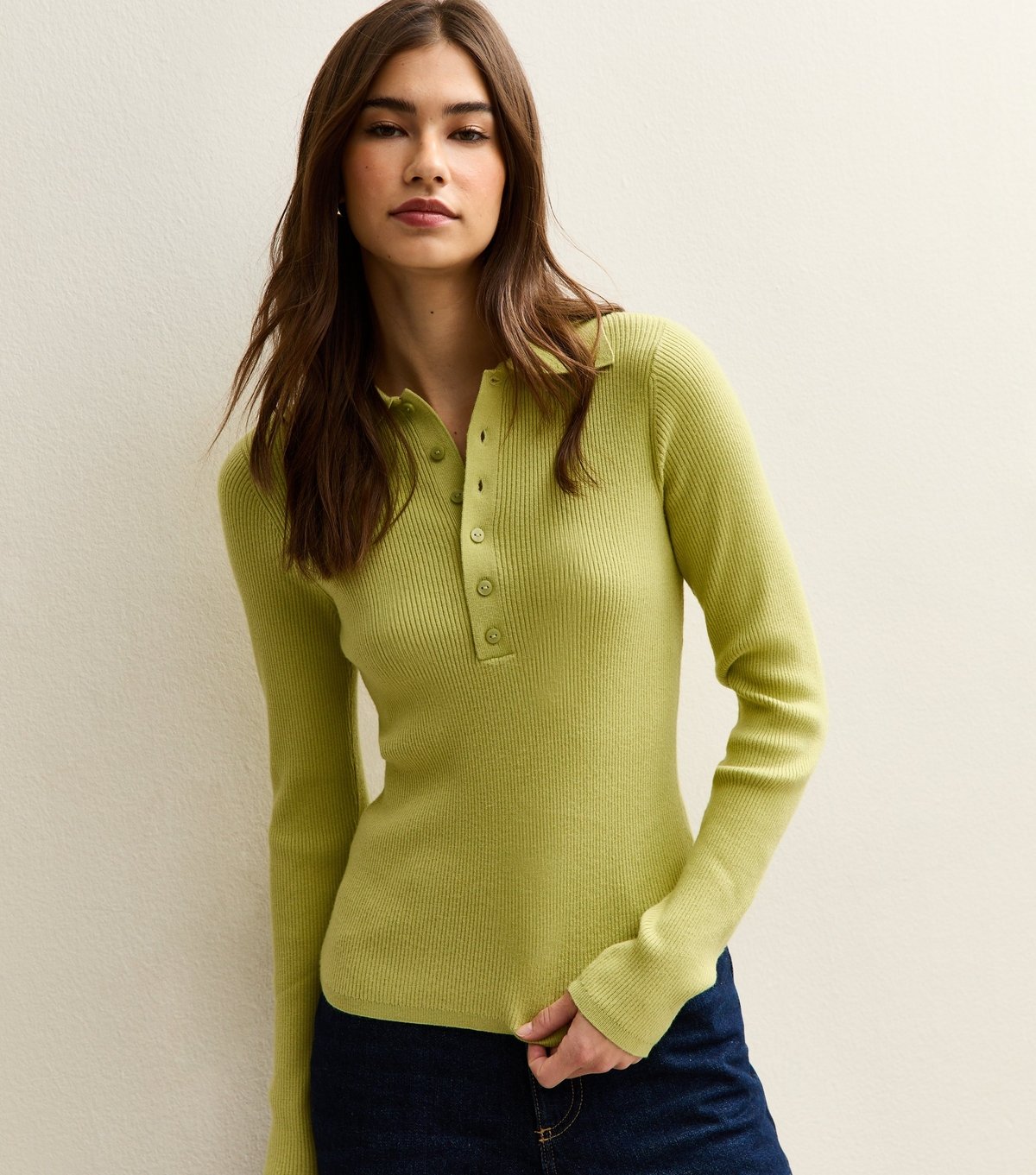 New Look Women's Green Button Front Ribbed Polo Top New Look - 2