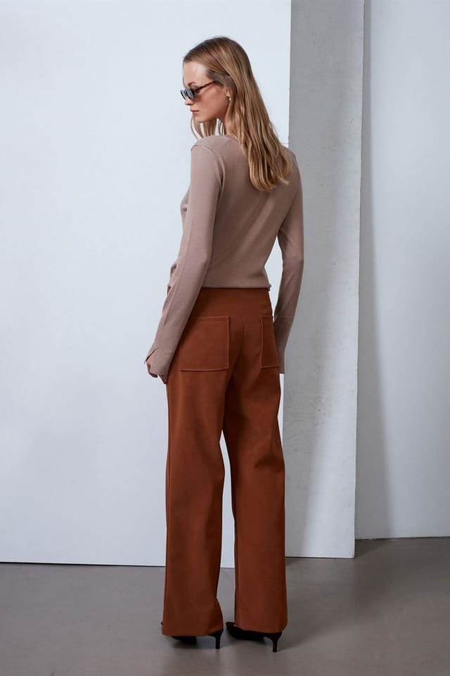Dilvin Dilvin Women's High-Waist Wide-Leg Faux Leather Trousers in Brown - 2