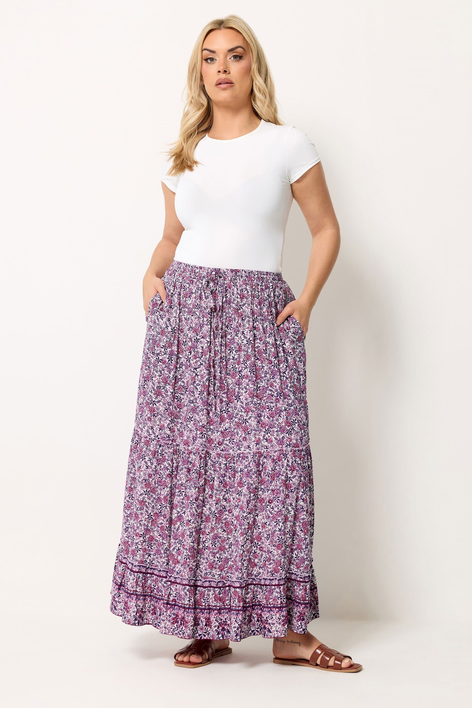 Yours Plus Size Pink Ditsy Floral Tiered Skirt