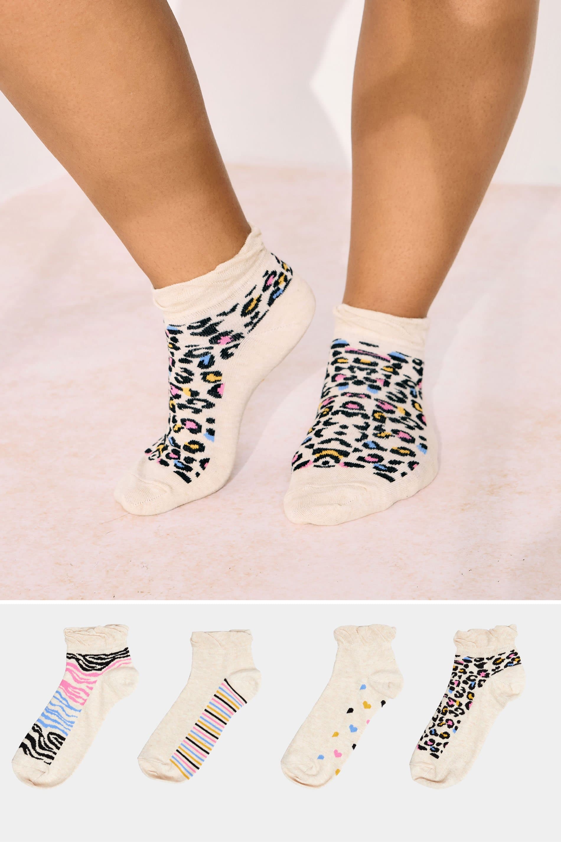 Yours 4 Pack Plus Size Cream Animal Print Ankle Socks