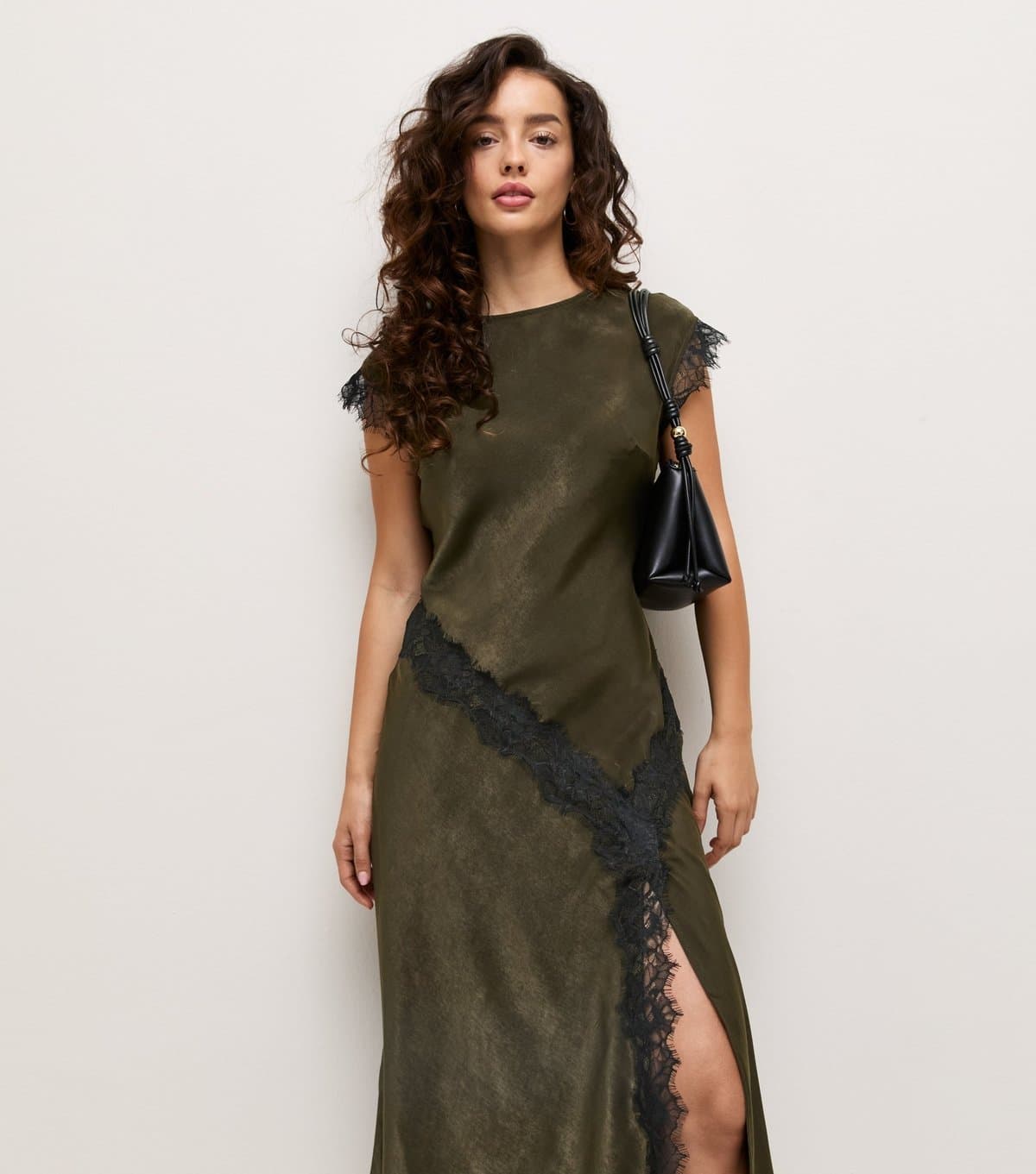 New Look Women's Petite Dark Khaki Lace Trim Bias Midi Dress New Look