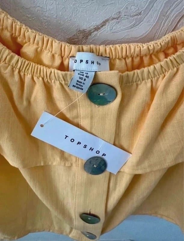 Topshop Topshop NWT butter yellow linen mix off the shoulder blouse size 12 00s summer croquette  gypsy