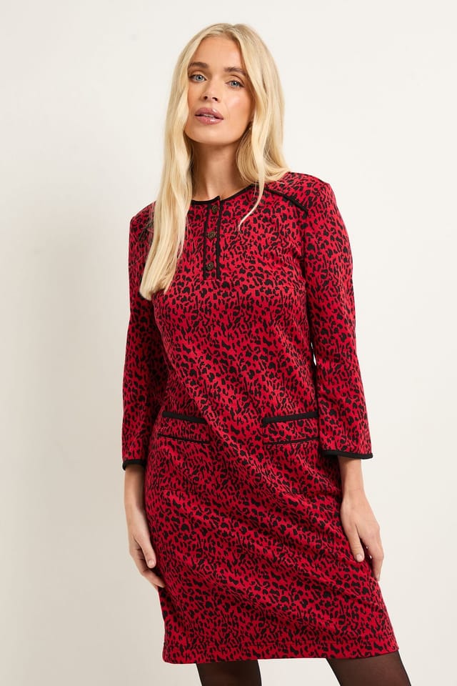 Wallis Wallis Women's Petite Leopard Ponte Contrast Shift Dress in Red - 2