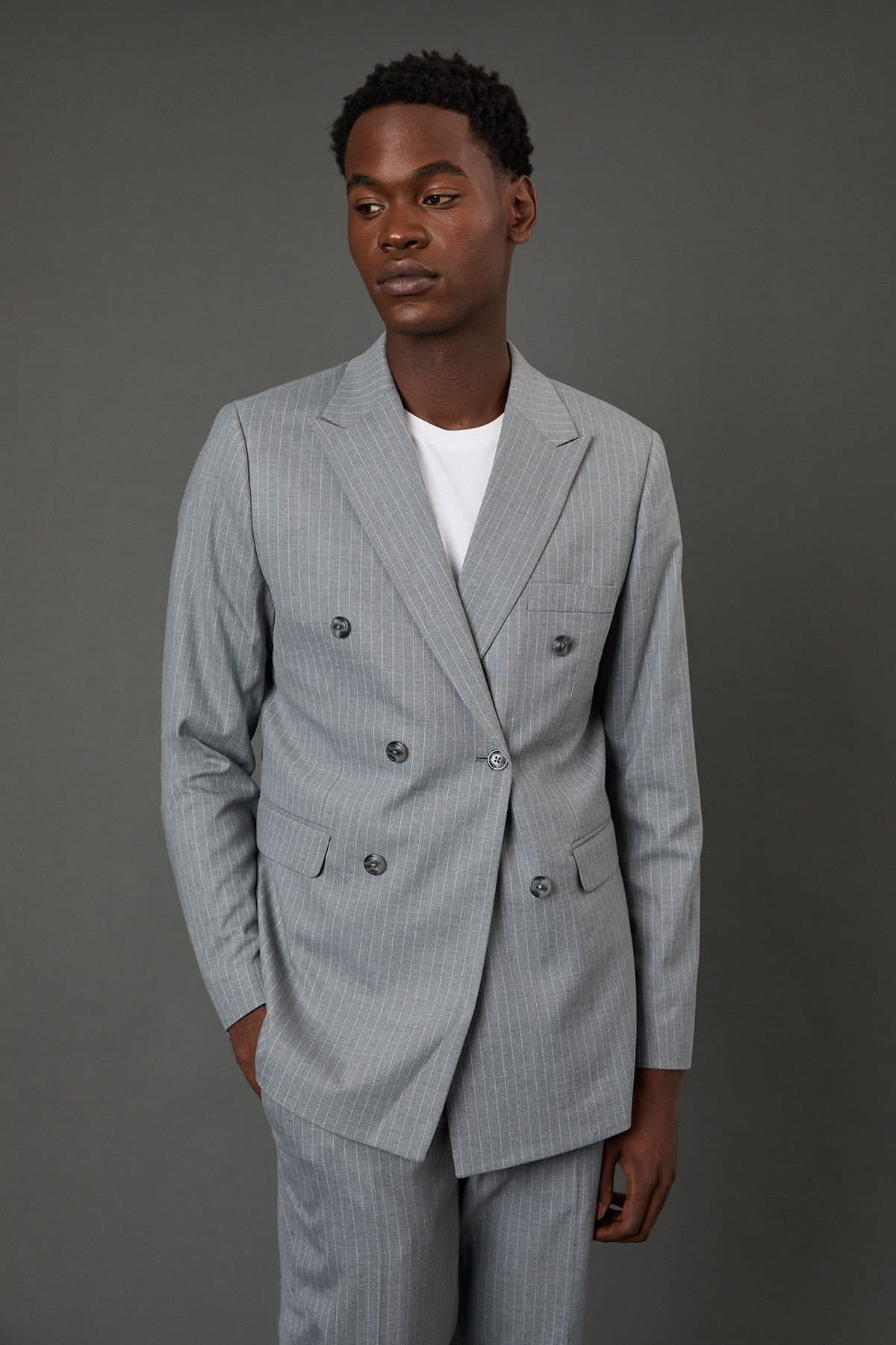 Burton Burton Men's Grey Pinstripe Double Breasted Blazer in Mid Grey