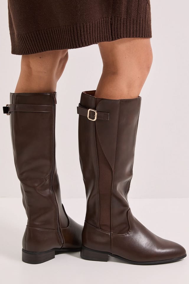 Dorothy Perkins Dorothy Perkins Women's Wide Fit Kamille Faux Leather Elastic Knee High Riding Boots in Brown - 3