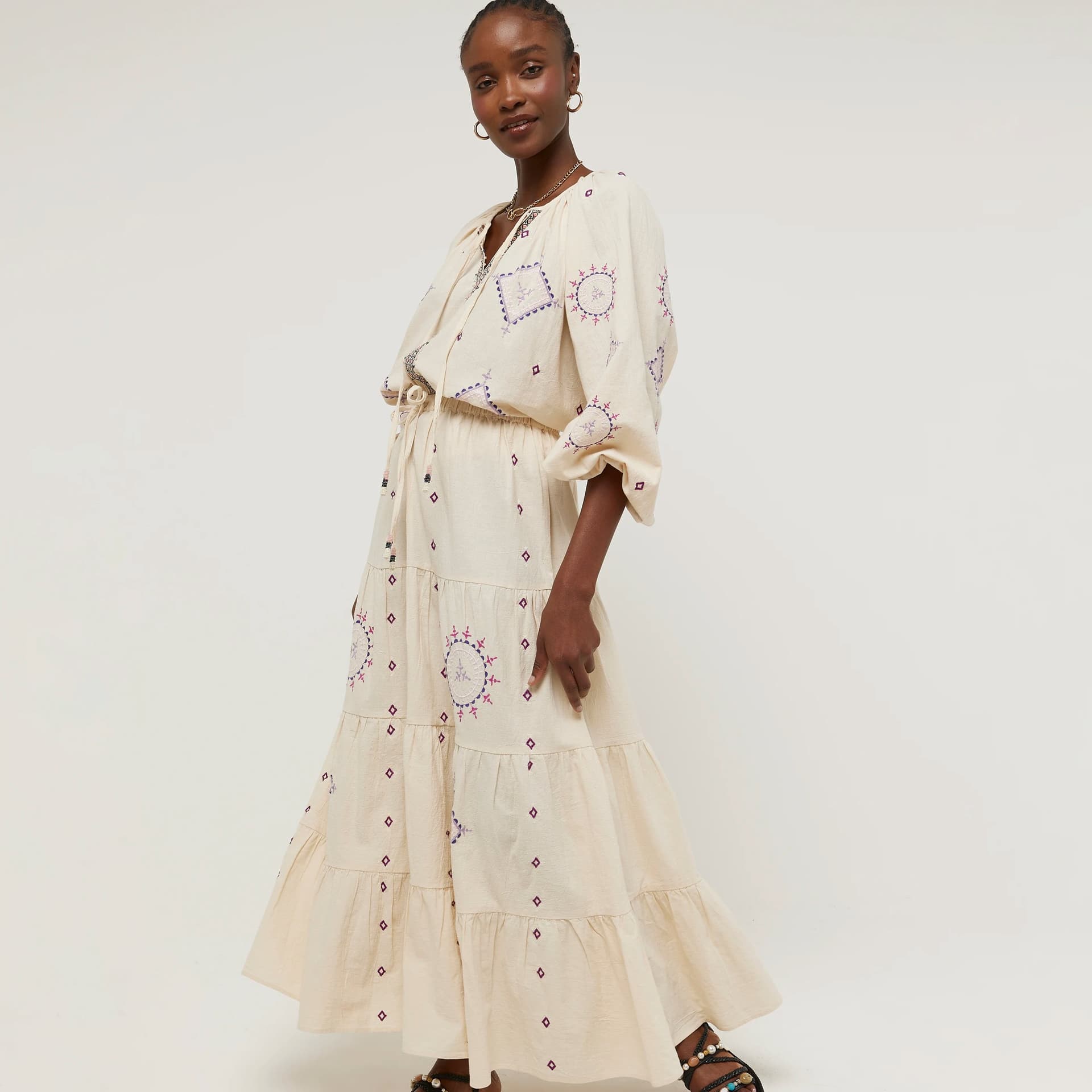 River Island River Island Womens Cream Embroidered Tiered Maxi Skirt