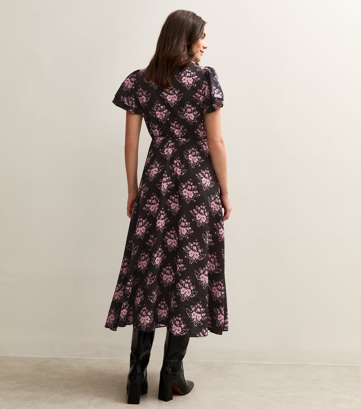 New Look Women's Black Floral Print Flutter Sleeve Tie Neck Midi Dress New Look - 4