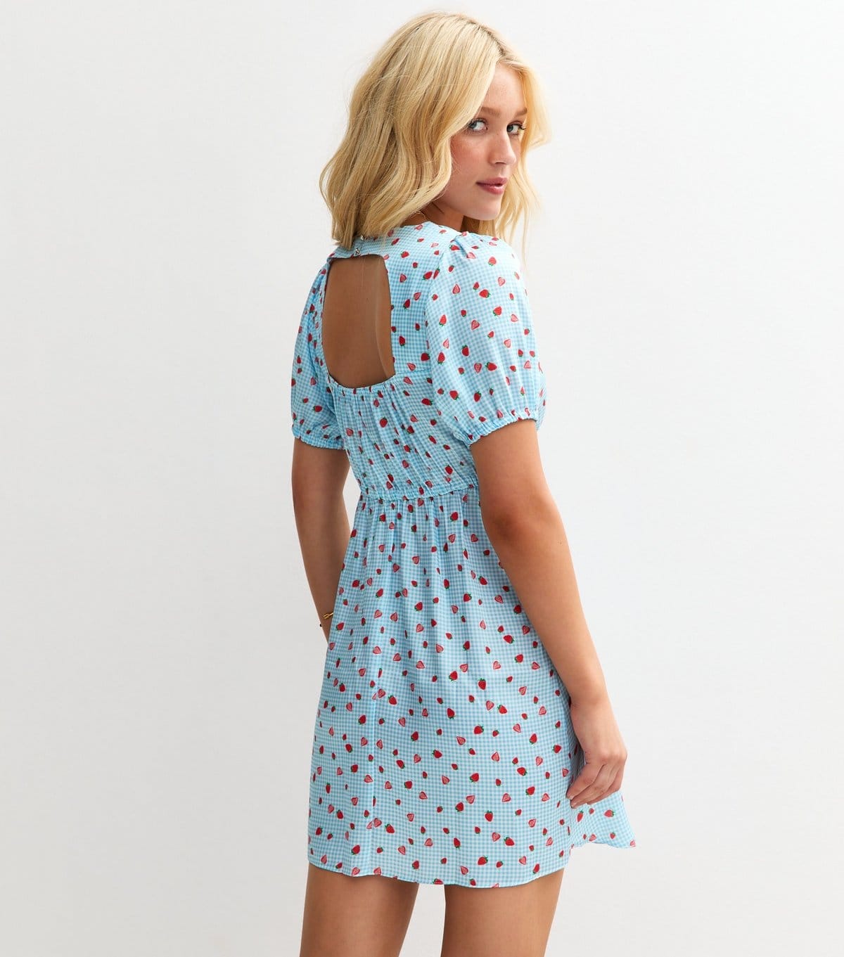 New Look Women's Blue Strawberry Gingham Print Satin Mini Dress New Look - 4