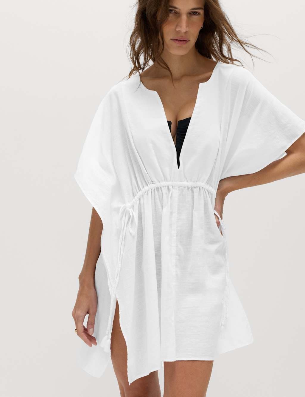 Marks & Spencer M&S Pure Cotton Tie Detail Mini Kaftan Dress Soft White