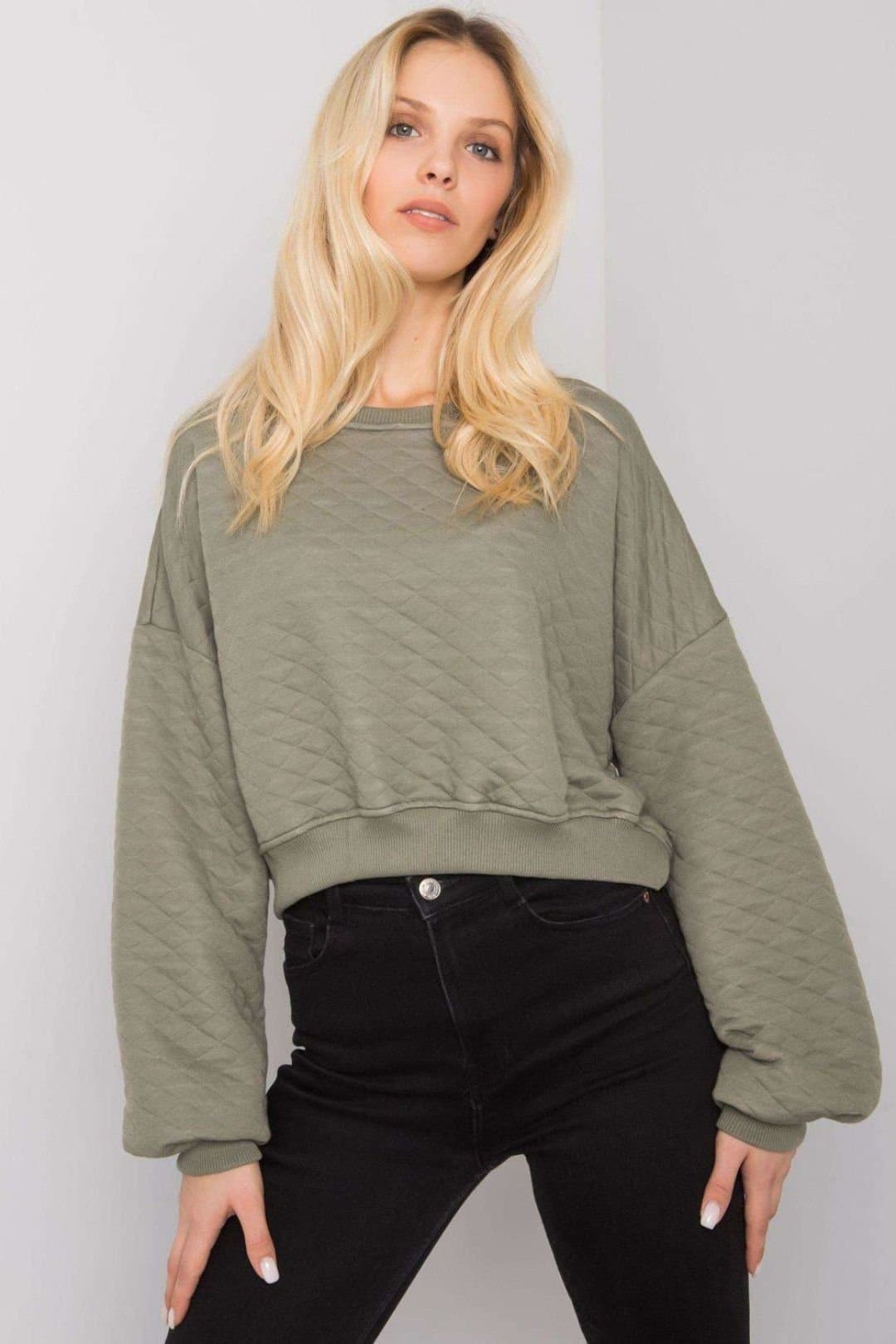 Love Lace Love Lace Women's Quilted Short Long Sleeve Sweatshirt Ribbed Hem in Green
