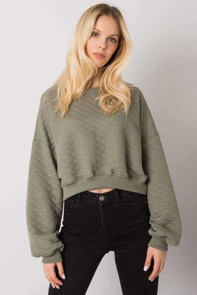 Love Lace Love Lace Women's Quilted Short Long Sleeve Sweatshirt Ribbed Hem in Green - 2