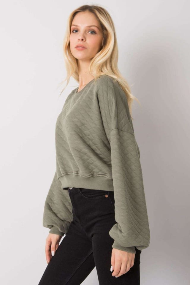 Love Lace Love Lace Women's Quilted Short Long Sleeve Sweatshirt Ribbed Hem in Green - 3
