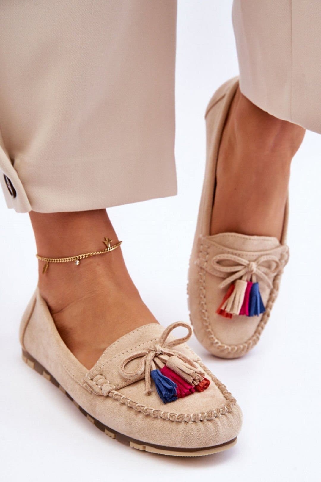 Love Lace Love Lace Beige Suede Moccasin Slippers with Bow Tassels
