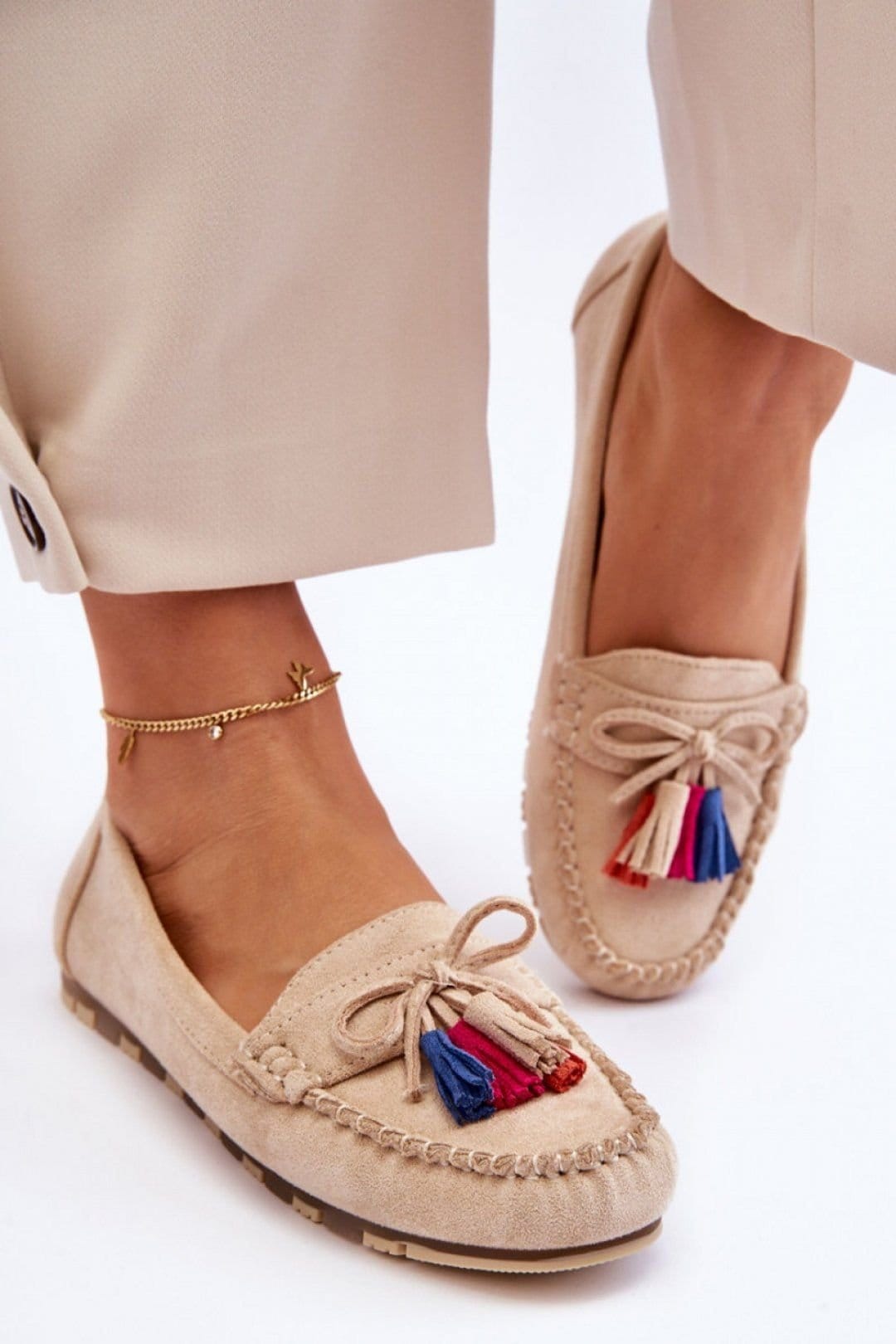 Love Lace Love Lace Women's Suede Moccasin Slippers with Insole & Bow Tassels in Beige - 1