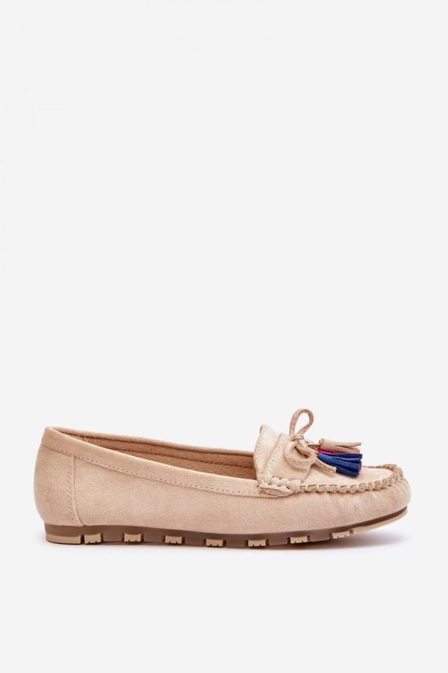 Love Lace Love Lace Women's Suede Moccasin Slippers with Insole & Bow Tassels in Beige - 2