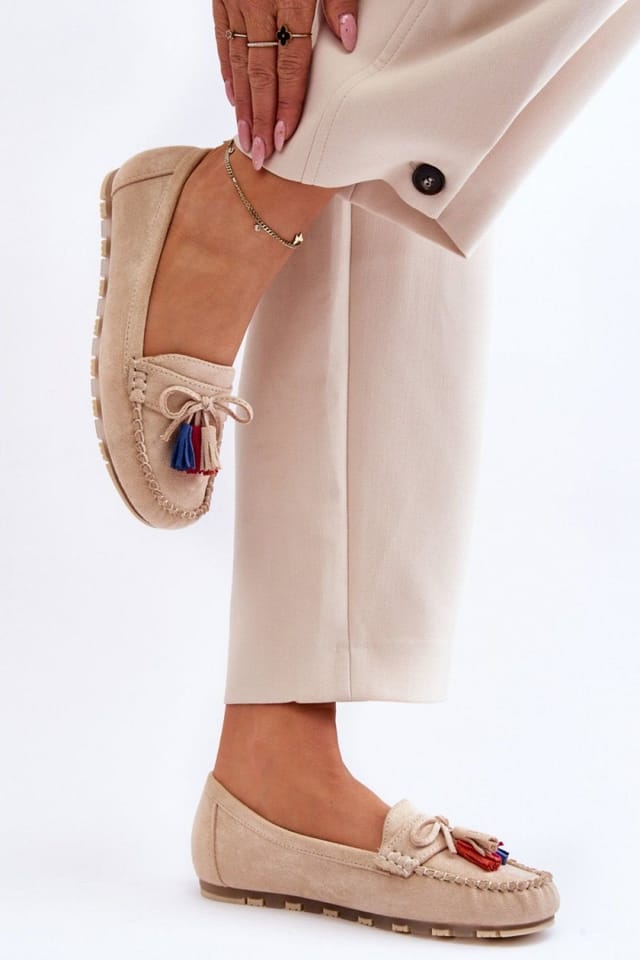 Love Lace Love Lace Women's Suede Moccasin Slippers with Insole & Bow Tassels in Beige - 3