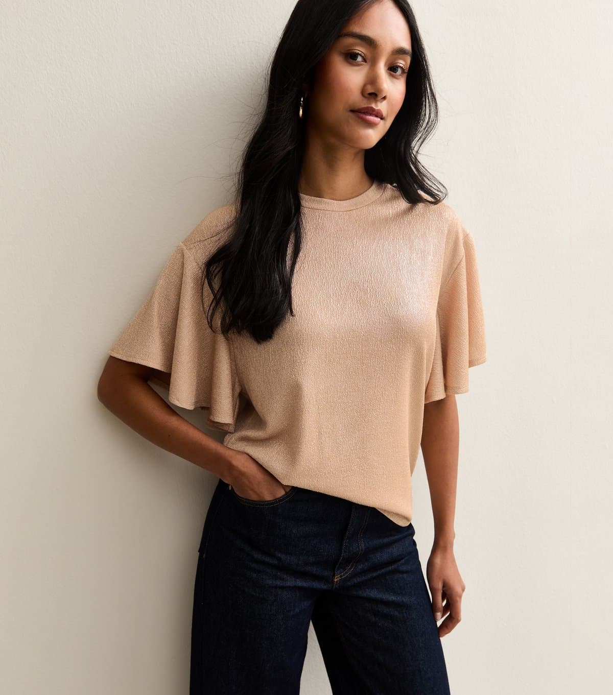 New Look Women's Rose Gold Metallic Jersey Flutter Sleeve Top New Look