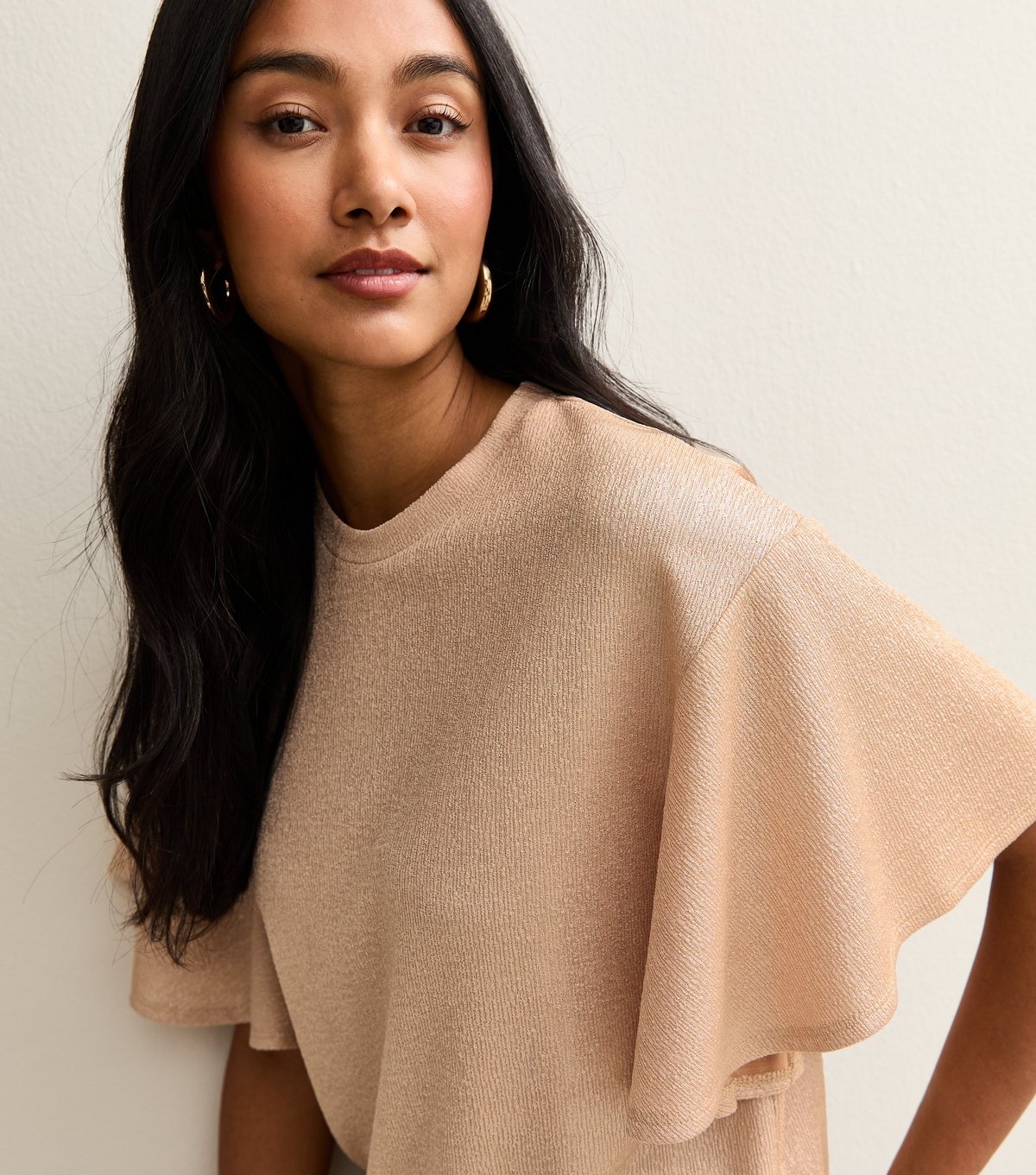 New Look Women's Rose Gold Metallic Jersey Flutter Sleeve Top New Look - 2