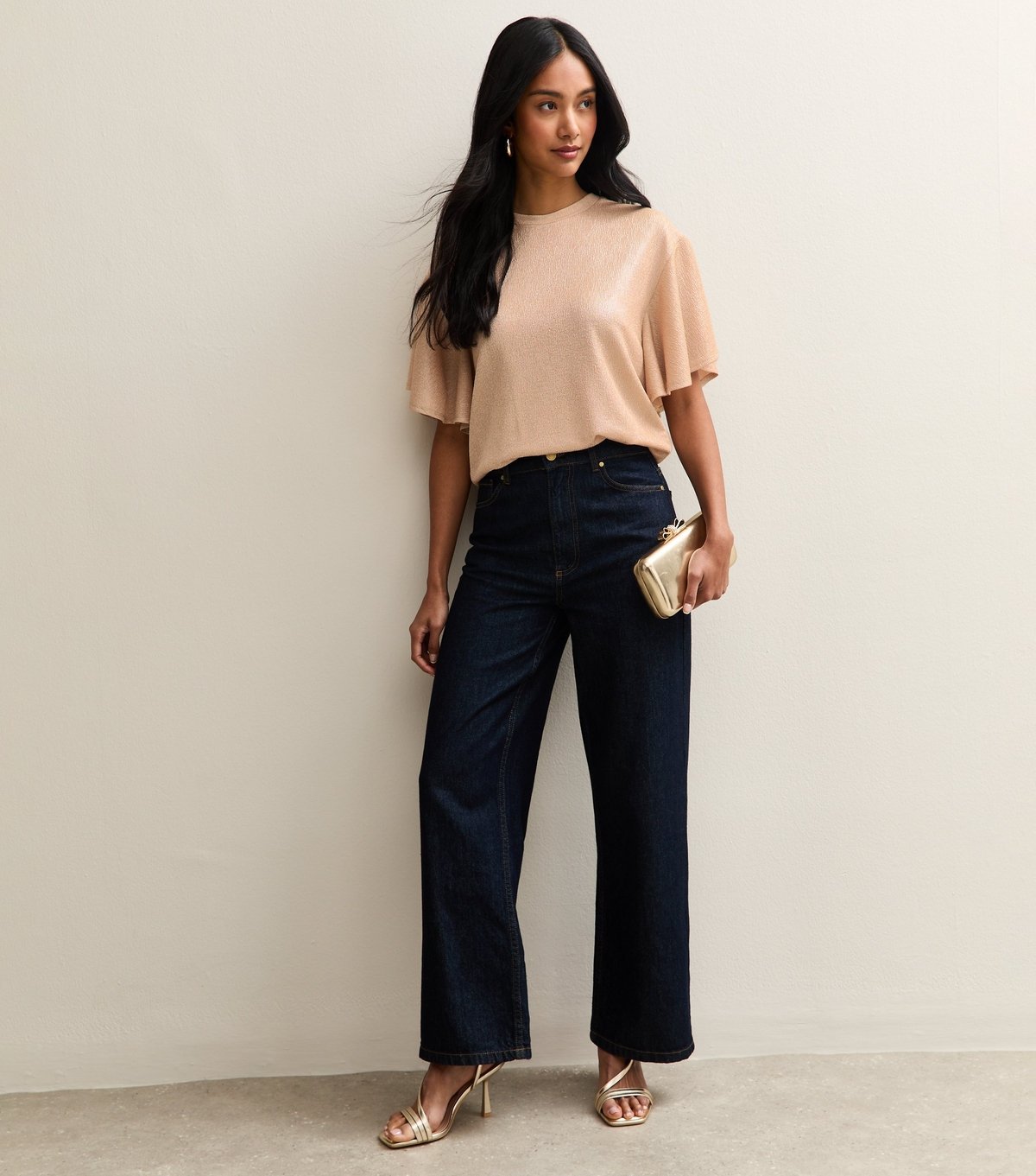 New Look Women's Rose Gold Metallic Jersey Flutter Sleeve Top New Look - 3