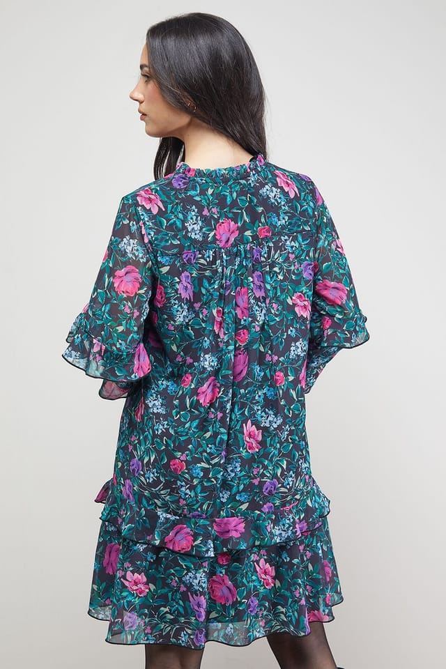 Oasis Oasis Women's Printed Boho Ruffle Button Down Mini Dress in Black - 3