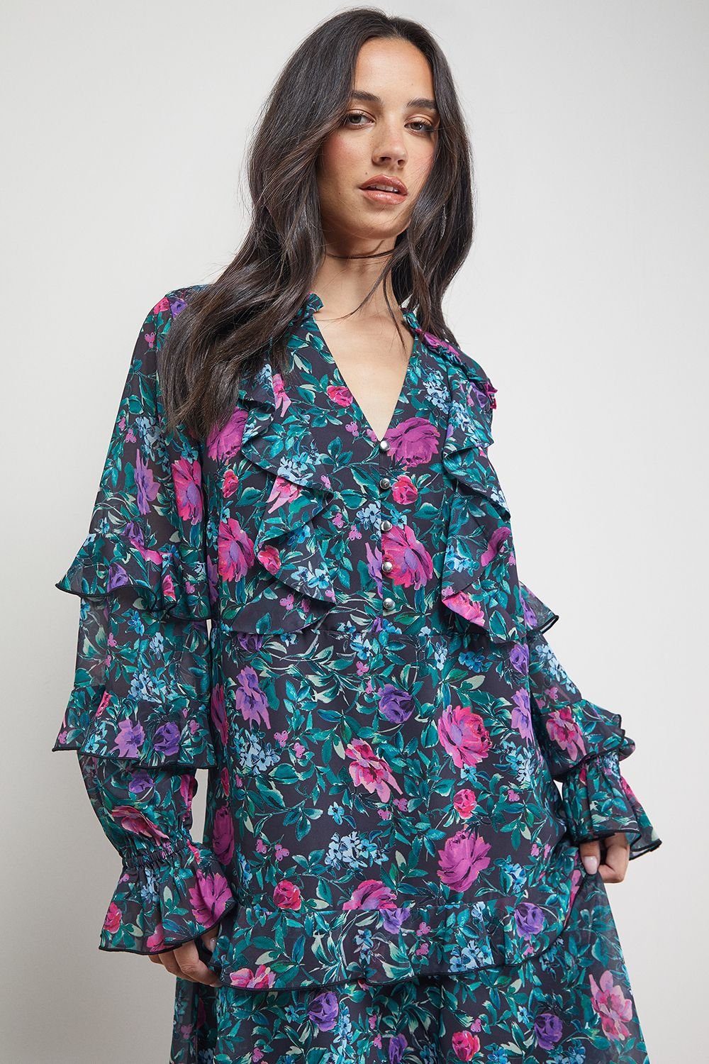 Oasis Oasis Women's Printed Boho Ruffle Button Down Mini Dress in Black - 4