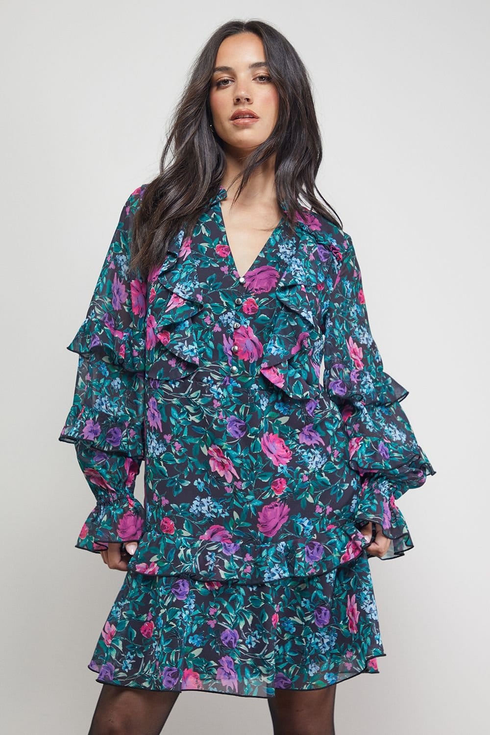 Oasis Oasis Women's Printed Boho Ruffle Button Down Mini Dress in Black - 4
