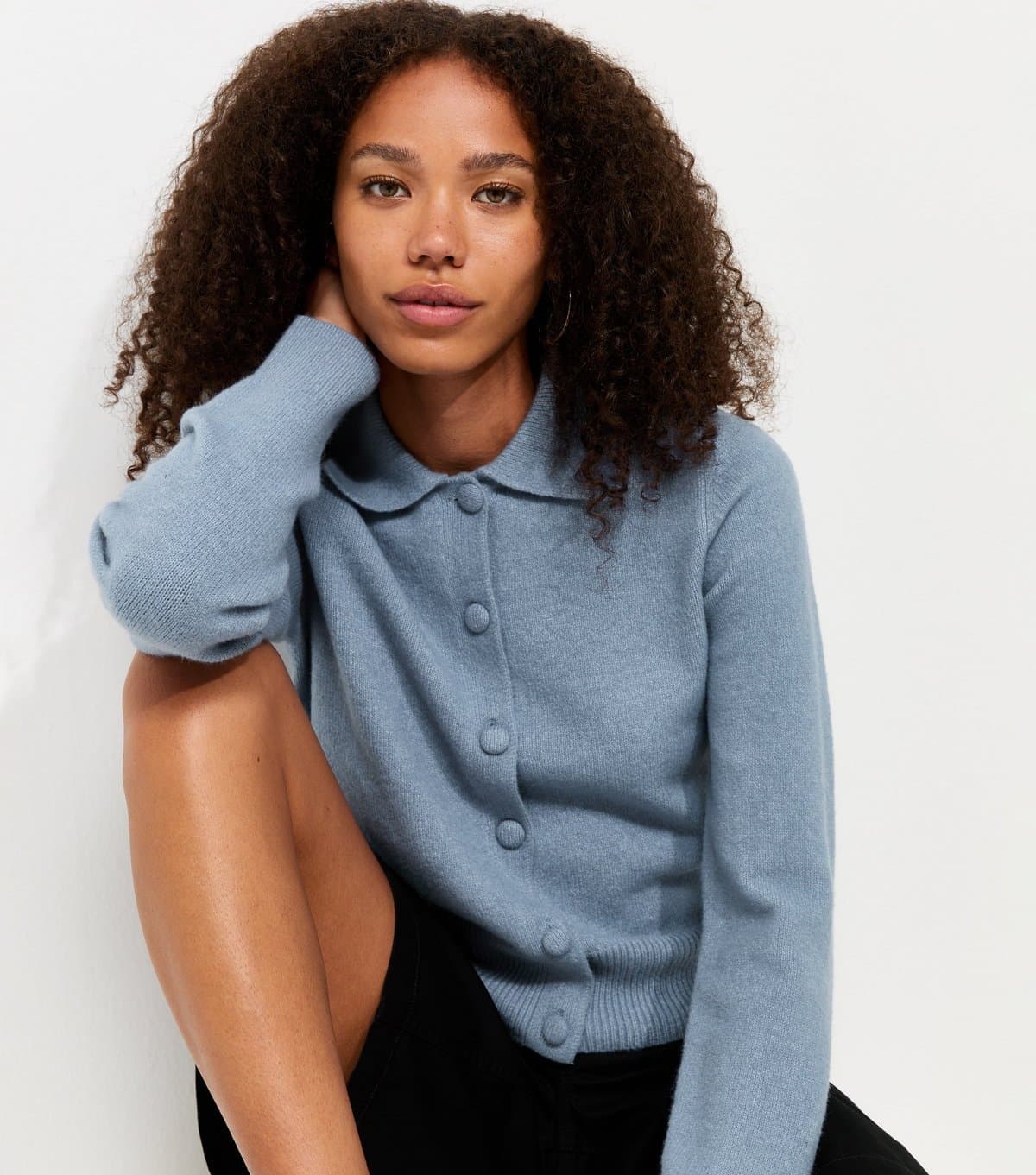 New Look Women's Blue Midweight Knit Collared Button Front Cardigan New Look