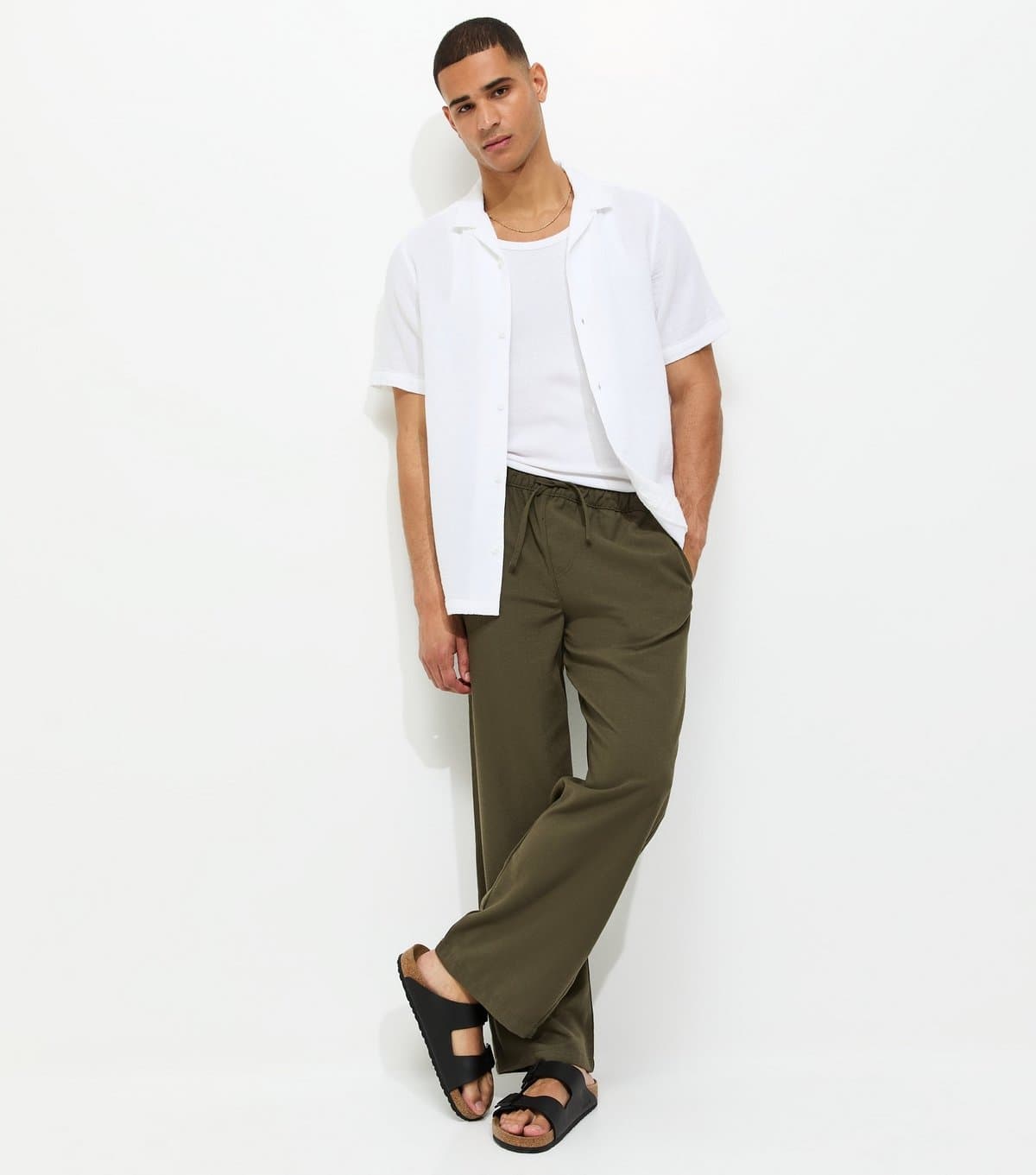 New Look Men's Dark Khaki Relaxed Linen Look Wide Leg Trousers New Look
