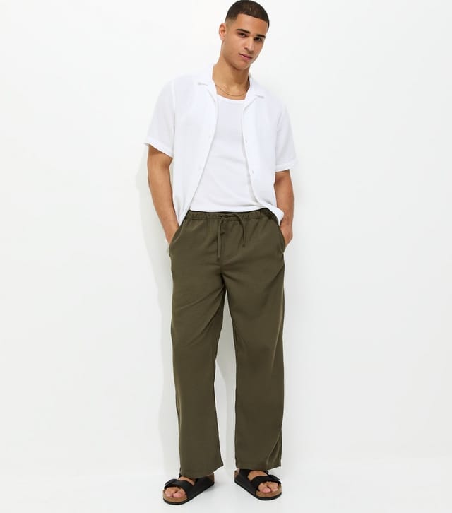 New Look Men's Dark Khaki Relaxed Linen Look Wide Leg Trousers New Look - 3