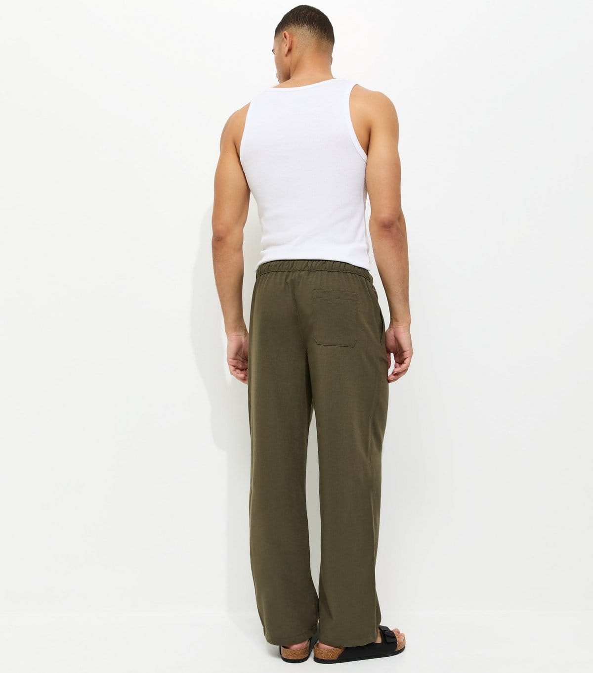 New Look Men's Dark Khaki Relaxed Linen Look Wide Leg Trousers New Look - 4