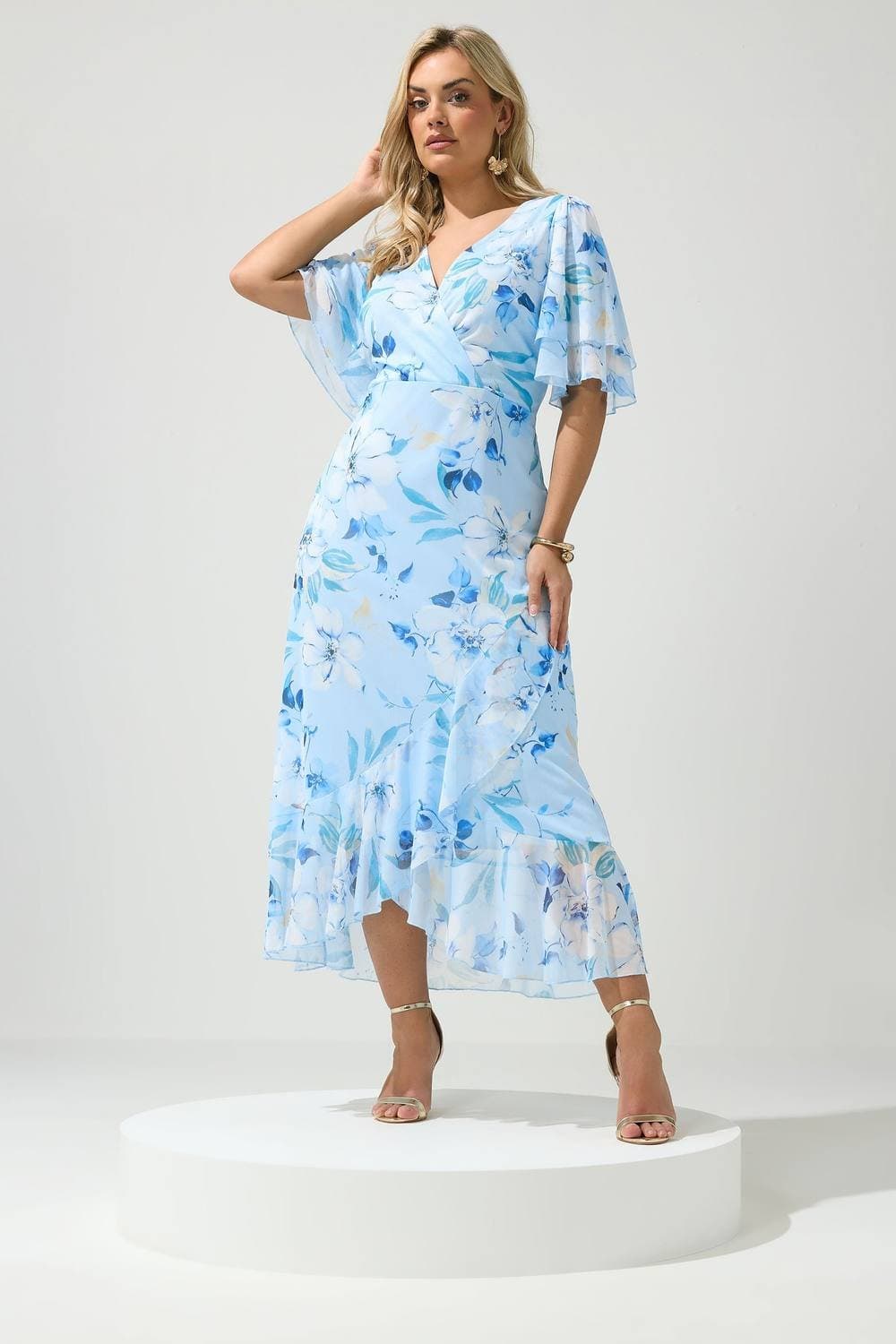 Yours Yours Women's Floral Wrap Ruffle Hem Dress in Light Blue