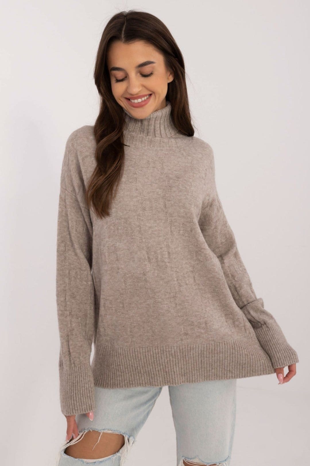 Love Lace Beige Textured Acrylic Polyamide Turtleneck Sweater