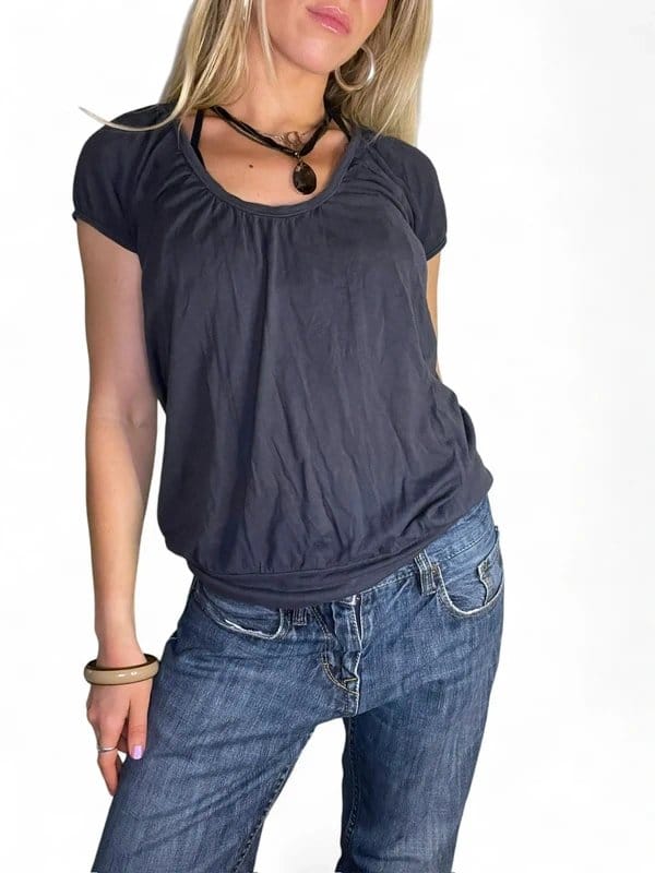 Vintage Dressing 90s 00s vintage cap sleeve milkmaid short sleeve blouse slinky top - 1