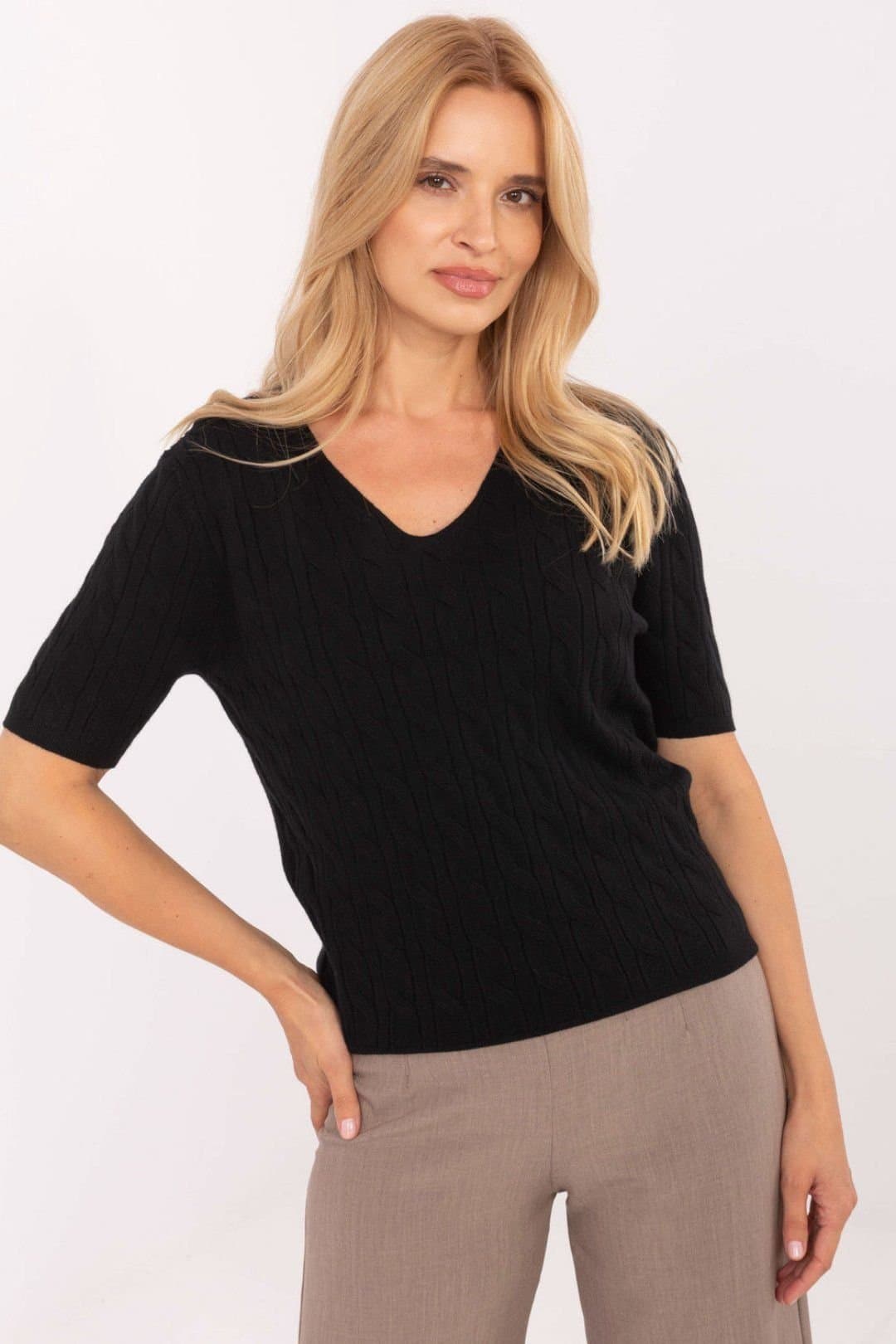 Love Lace Love Lace Women's V Neck Short Sleeve Textured Sweater in Black