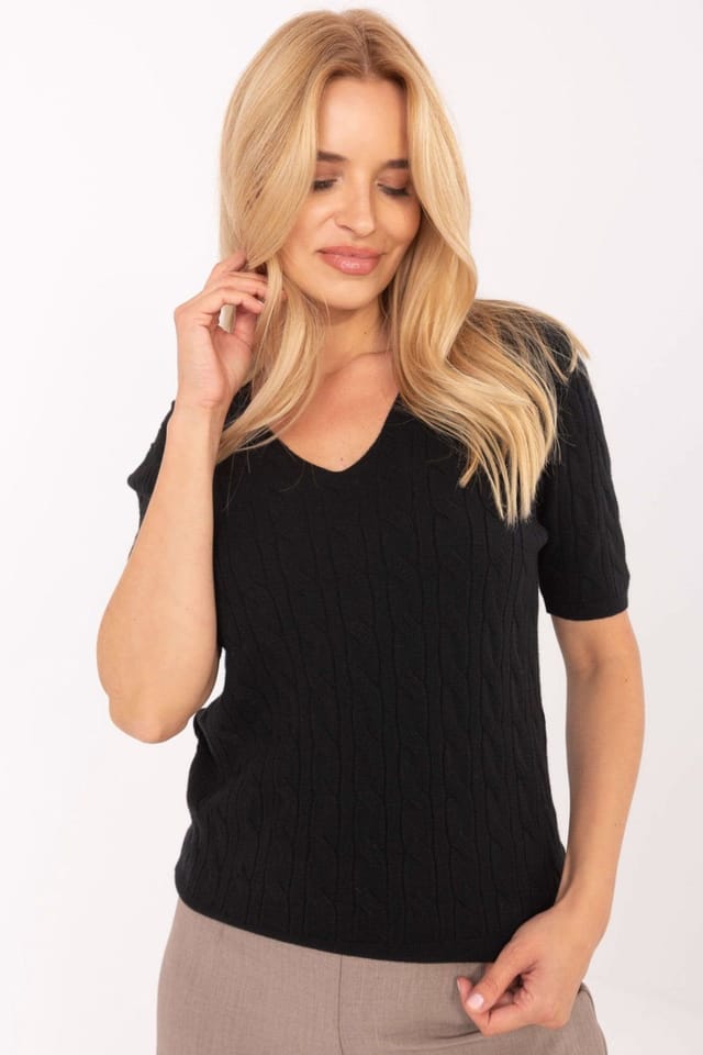 Love Lace Love Lace Women's V Neck Short Sleeve Textured Sweater in Black - 2