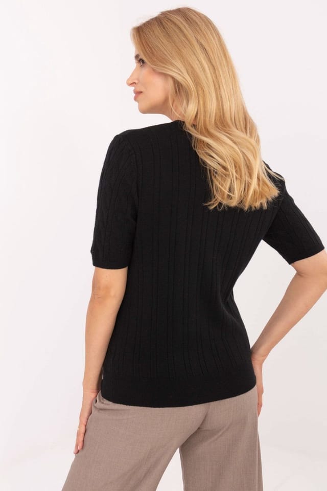 Love Lace Love Lace Women's V Neck Short Sleeve Textured Sweater in Black - 3