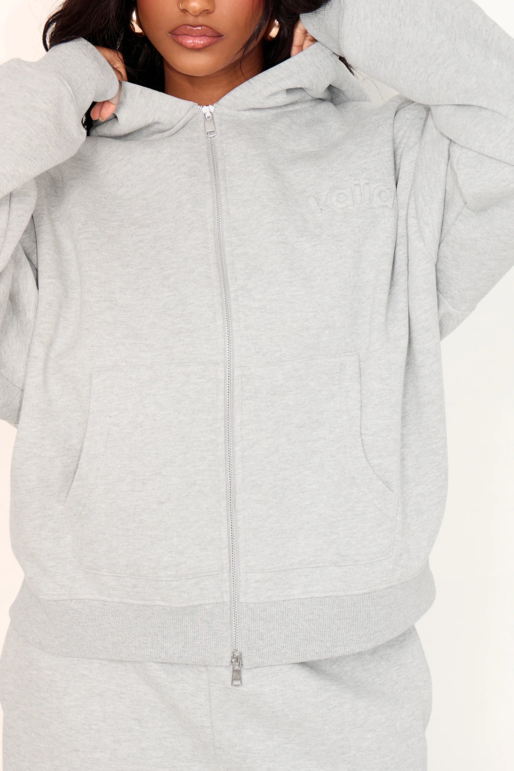 Kaiia Kaiia Embossed Logo Zip Through Oversized Hoodie Mid Grey Marl - 4